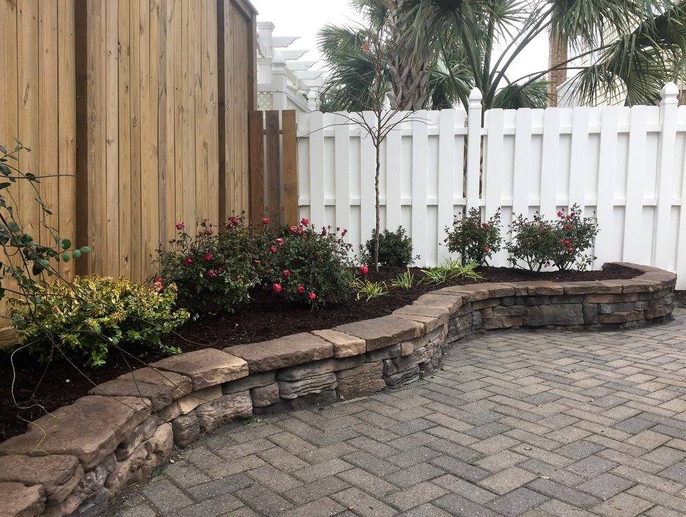 raised paver garden bed, plant and mulch install